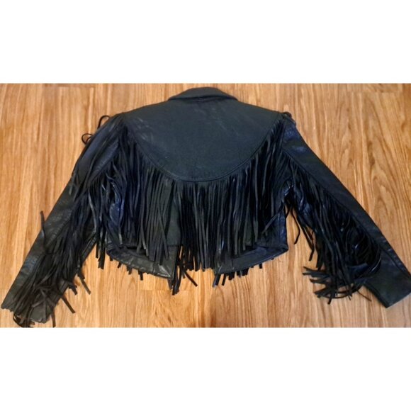Womens Tip Top Cropped Leather Jacket W Fringe Black Open Front Western Ranch M - Picture 7 of 7